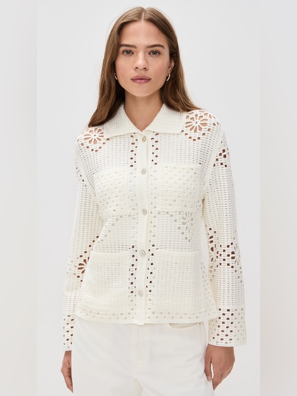 Rails Cream Crochet Button-Up Cardigan
